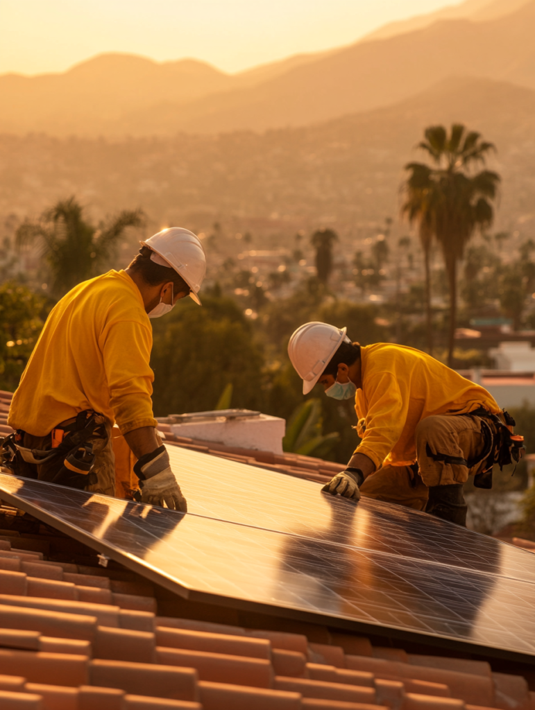 Trabajadores instalando paneles solares en Querétaro
