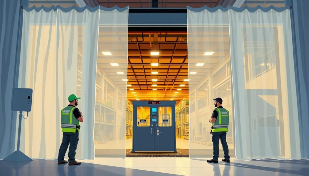 Seguridad y control de acceso con cortinas hawaianas transparentes para industria