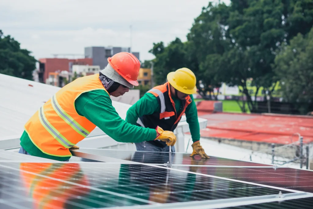 Dos técnicos instalando paneles solares en el techo de una vivienda