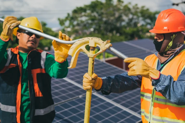 Dos técnicos ajustando un panel solar con herramienta eléctrica